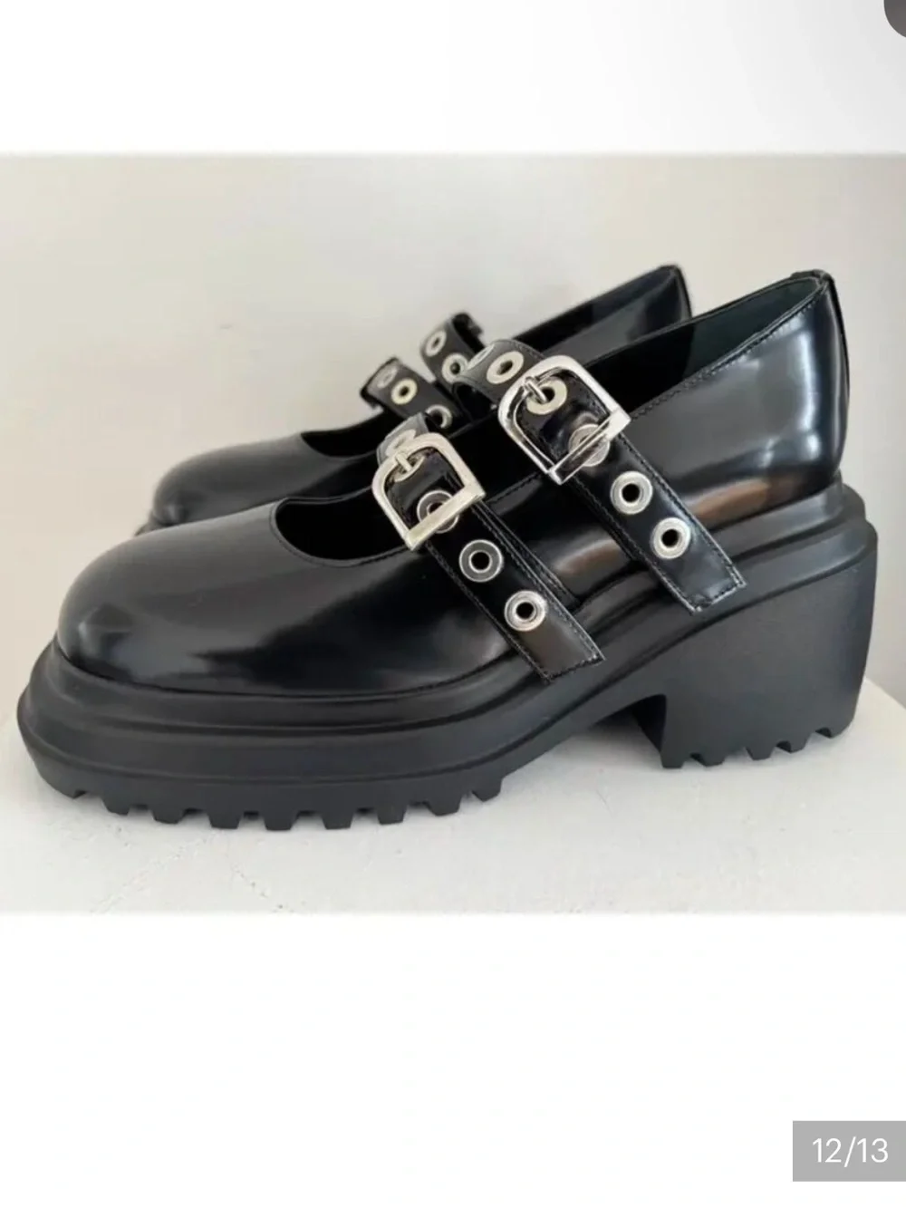 MAJE Women’s Black Platform Mary Jane Shoes with Buckle Straps